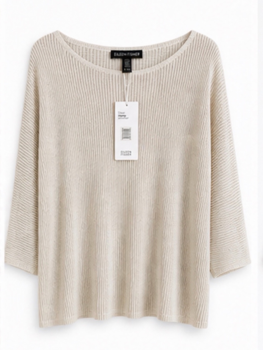 Eileen Fisher Sheer Hemp Shimmer Top XL Bone Bateau Neck Rib Knit NWT Ret. $248 - Picture 3 of 6